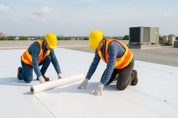 Technicians installing white reflective commercial roofing membrane.