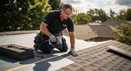 Certified contractor installing shingles during roof installation.