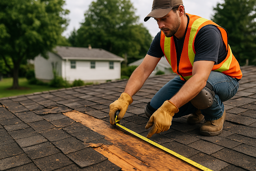 Contractor assessing roof replacement project before installation.