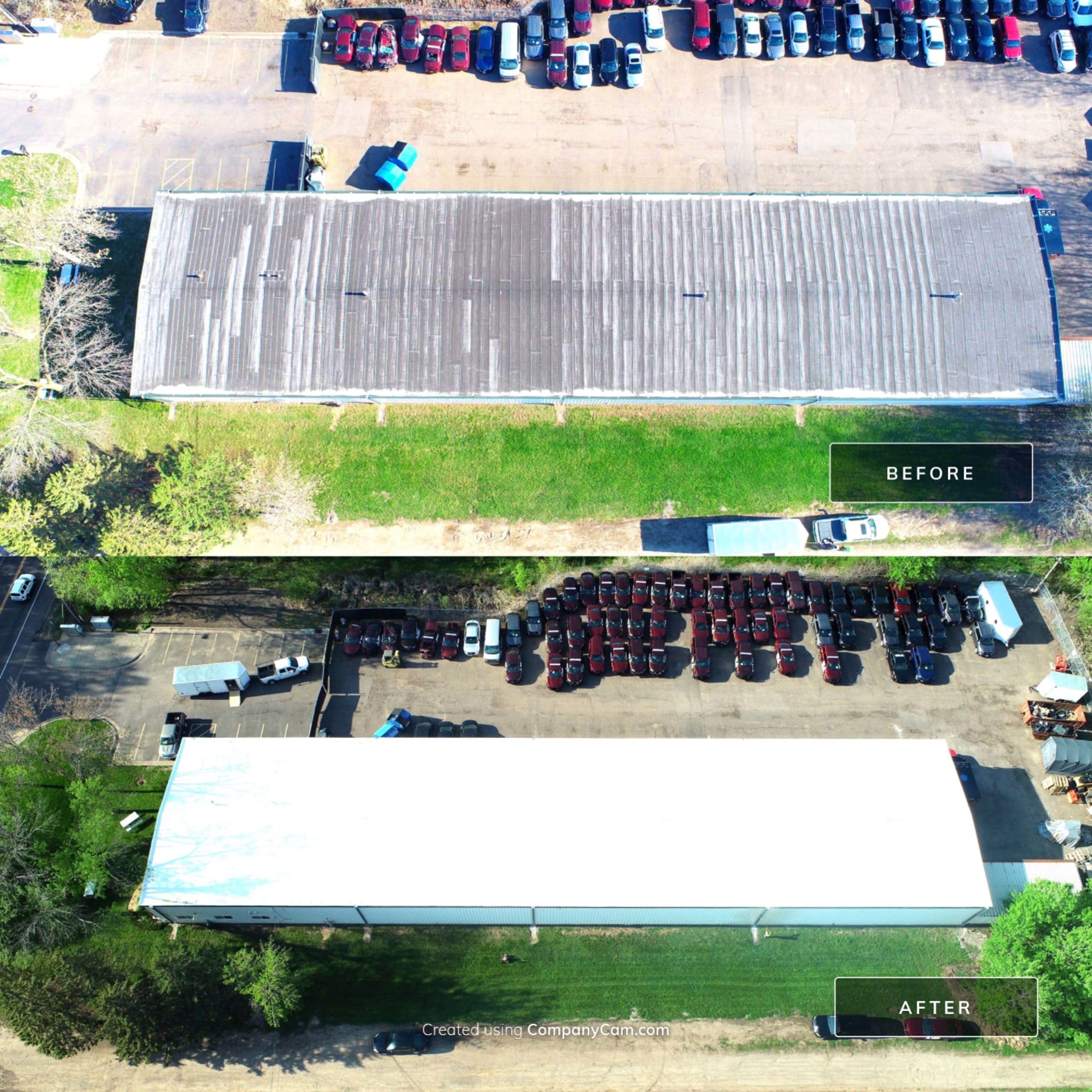 Aerial view comparing a warehouse roof before and after cleaning. The top image shows a dirty roof labeled "Before." The bottom image shows a clean, white roof labeled "After."