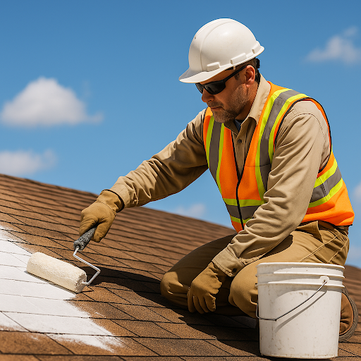 Worker applying protective coating during roof restoration on sun-damaged shingles.